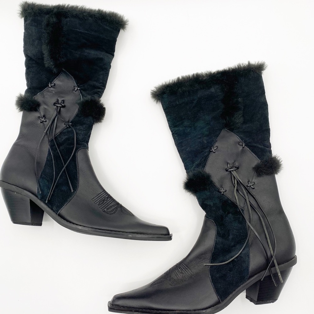 Oak Tree Farms Boots Black Heeled Faux Fur Size 10